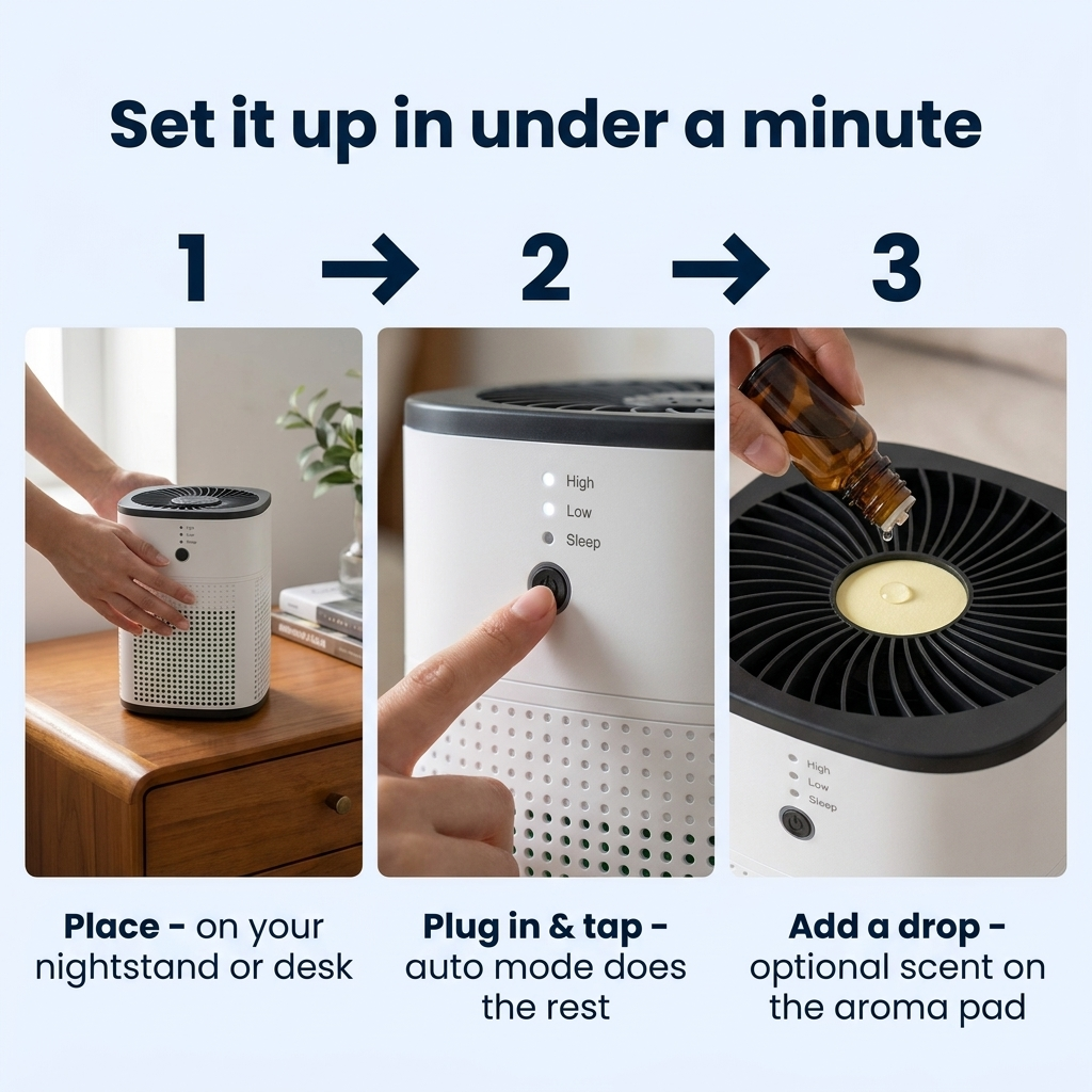 Set up Breezly in under a minute - place, plug in and tap, add a drop