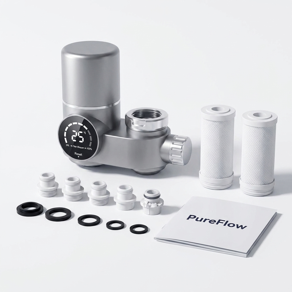 What's in the box: PureFlow unit, cartridges, six tap adapters, seals and quick-start guide