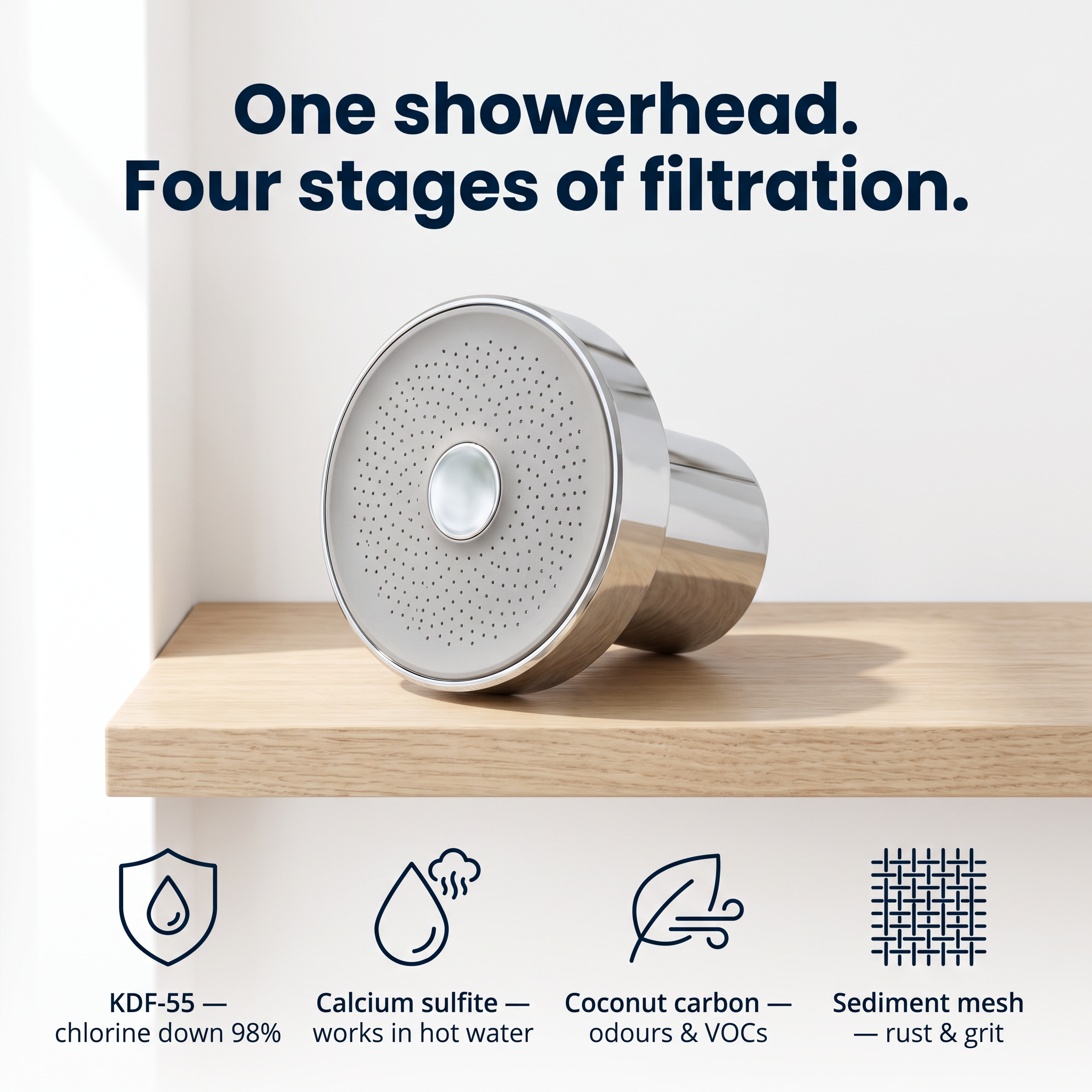 One showerhead, four stages of filtration — KDF-55, calcium sulfite, coconut carbon, sediment mesh