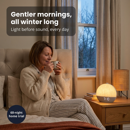 Gentler mornings all winter long — tea in bed by the Dawnly glow, 60-night home trial
