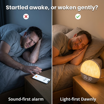 Startled awake or woken gently — phone alarm jolt versus light-first Dawnly dawn