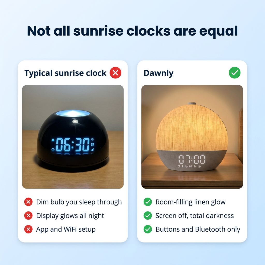 Not all sunrise clocks are equal — typical sunrise clock versus Dawnly comparison