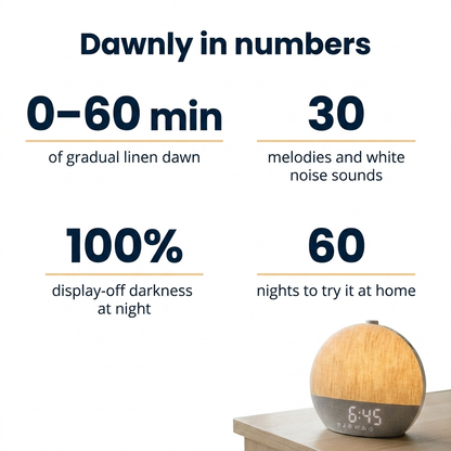 Dawnly in numbers — 0-60 min dawn, 30 sounds, 100 percent display-off darkness, 60 nights to try