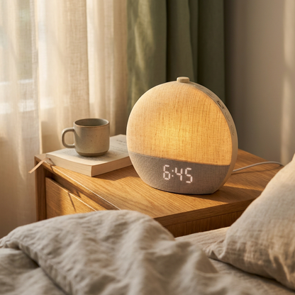 Dawnly glowing at dawn on a wooden nightstand beside linen bedding