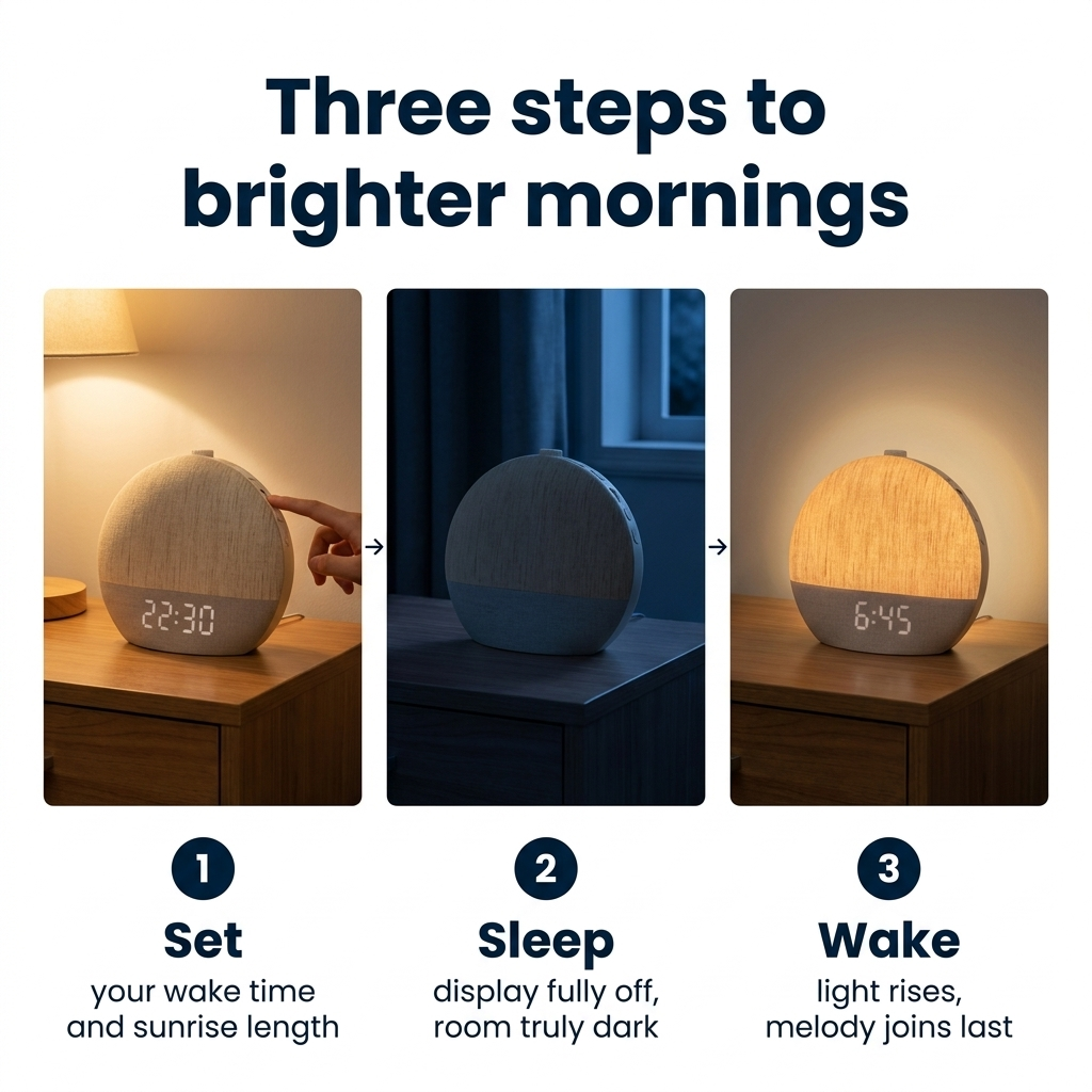 Three steps to brighter mornings — set, sleep in full darkness, wake in a gradual dawn