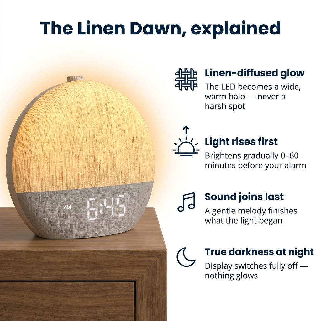 The Linen Dawn explained — linen-diffused glow, light rises first, sound joins last, true darkness at night