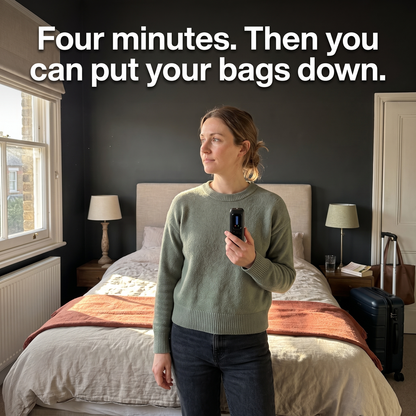 Four minutes, then you can put your bags down - woman checking a short-let bedroom with the Privly detector