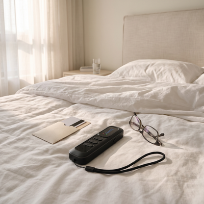 Privly hidden camera detector on a bed with its wrist lanyard, room key card and reading glasses for scale