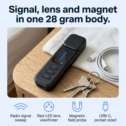 Signal, lens and magnet in one 28 gram body - radio sweep, red-LED lens viewfinder, magnetic probe, USB-C