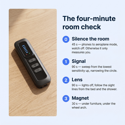 The four-minute room check - silence the room, signal, lens, magnet