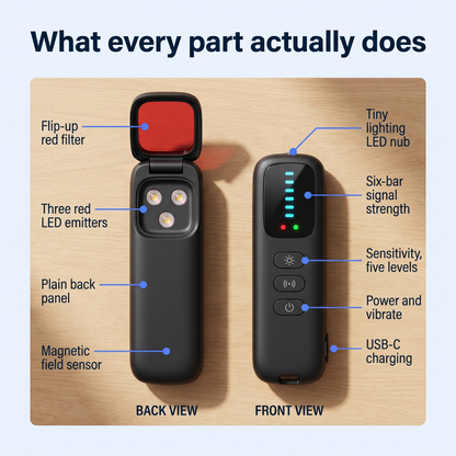 What every part actually does - back view with the flip-up red filter and three red LED emitters, front view with the six-bar signal strength and controls
