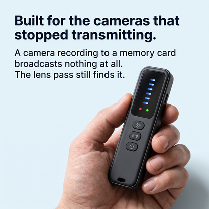 Privly detector held in one hand - a camera recording to a memory card broadcasts nothing at all