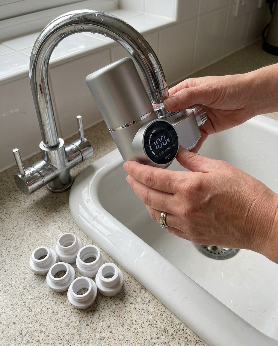Tool-free installation of PureFlow with the six included tap adapters