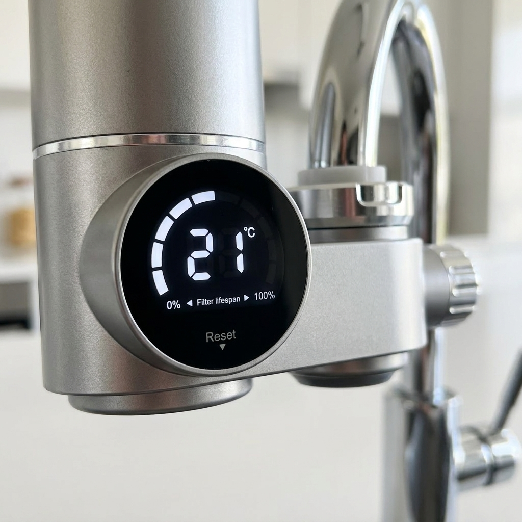 Close-up of the PureFlow self-powered display showing filter lifespan and water temperature