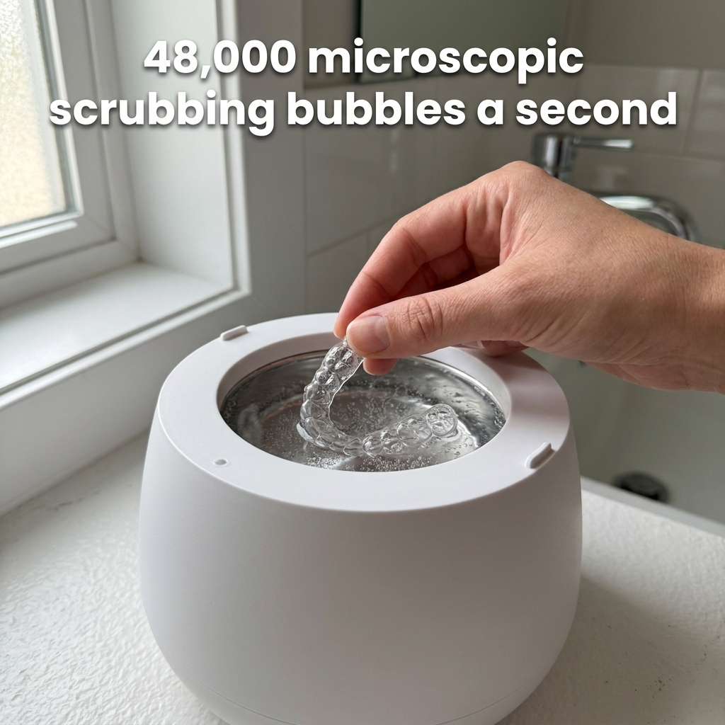 Close-up of ultrasonic bubbles cleaning a retainer in the PurePod tank