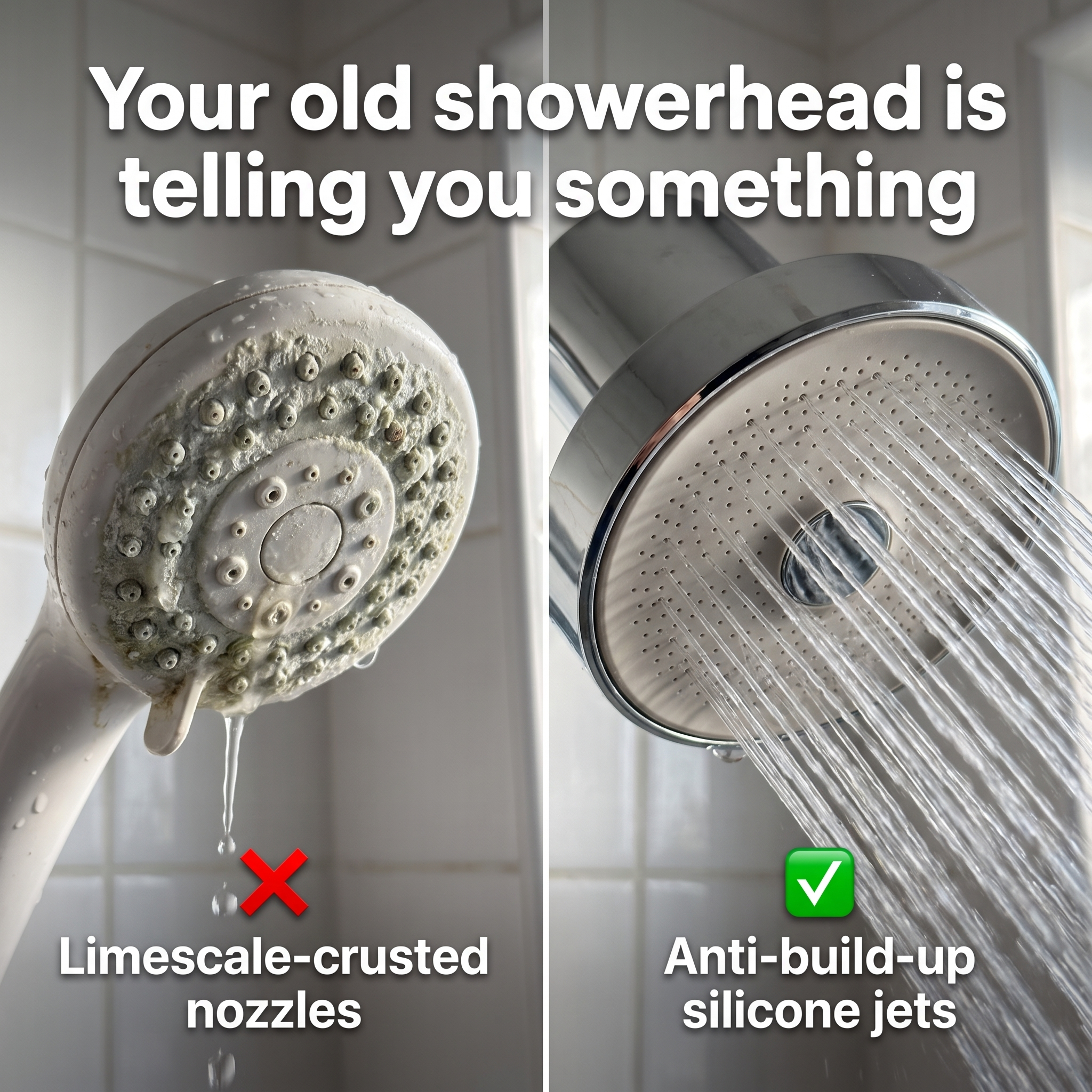 Limescale-crusted old showerhead vs PureRain anti-build-up silicone jets