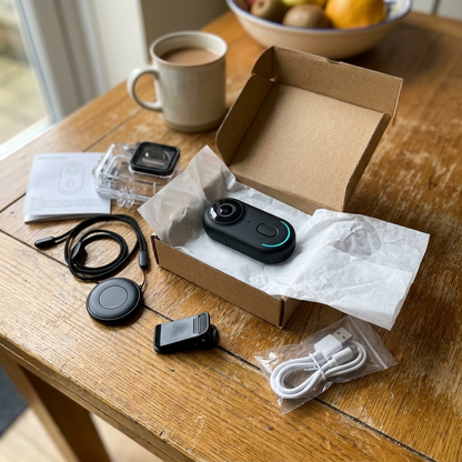 Everything in the box: Snaply camera, dive case, lanyard, mounts and cable